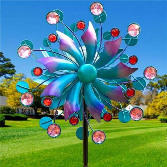 Solar Wind Spinner Outdoor Metal Kinetic Garden Decor LED Color Changing - Picture 1 of 7
